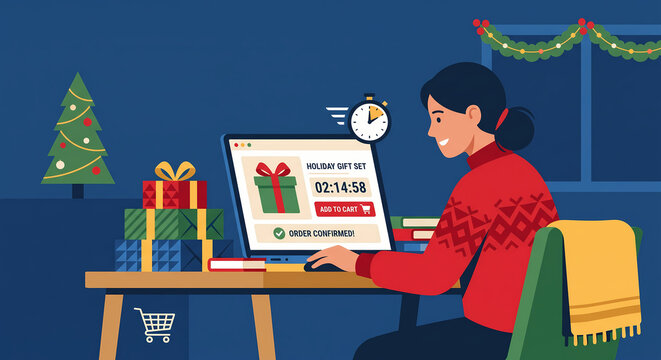 Woman ordering holiday gift set online with countdown timer and confirmation