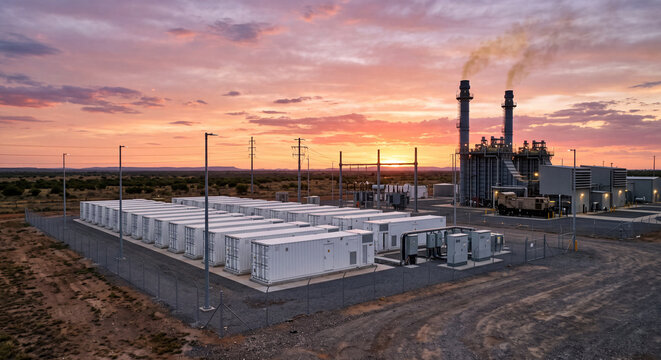 BESS Battery Energy Storage System near Diesel Fired Power Station at Sunset.