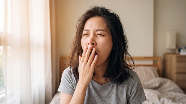 Young Asian woman yawning and covering mouth, feeling sleepy and tired in bright bedroom morning.
