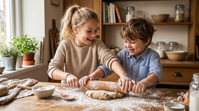 Two children happily baking dough together in a cozy kitchen  