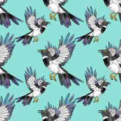 Cute magpie hand drawn watercolour cartoon illustration repeating pattern