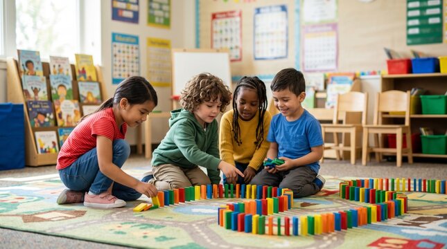 Diverse children playing with colorful dominoes together during a creative learning activity in a classroom