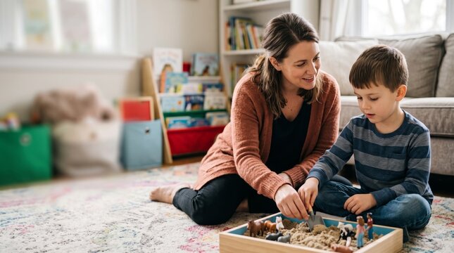 Child therapist supporting a young boy during sand tray play therapy in a warm and welcoming counseling room