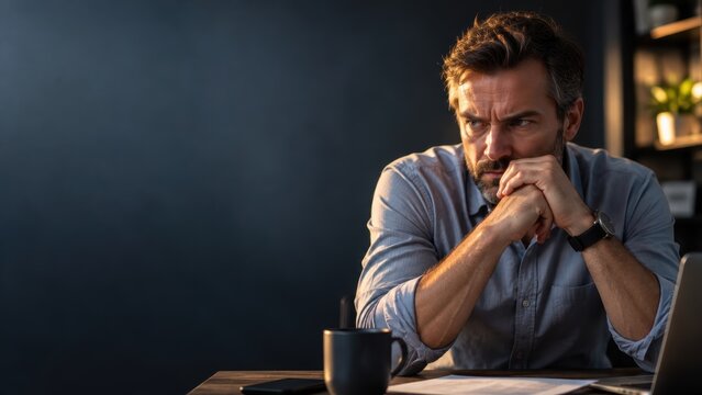 Stressed and focused mature businessman sitting at his desk with chin on hands, deep in thought during a late shift