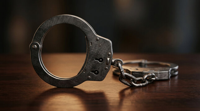 Metal Handcuffs On Wooden Table