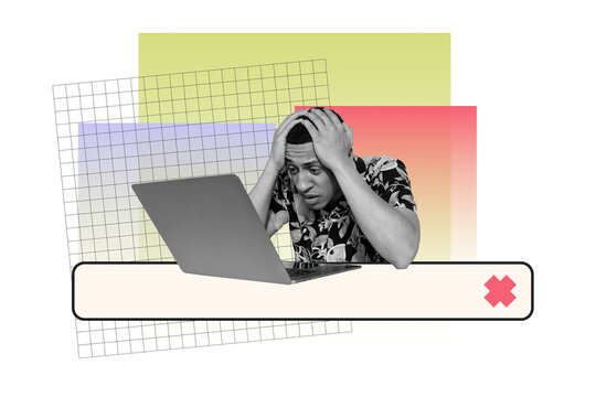 Composite trend artwork sketch image collage of website internet lock research find information headache young guy brainstorming sit think