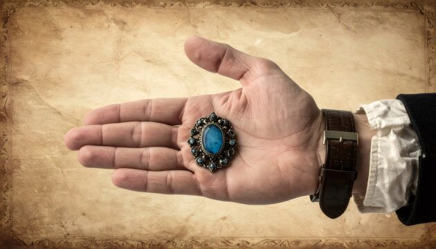 Hand holding antique brooch with blue gemstone