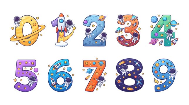 Colorful cartoon numbers 1 to 9 with cute space doodles, planets, rockets, stars and playful patterns for preschool math learning, classroom posters, nursery decor, worksheets and kids crafts set!!!!!