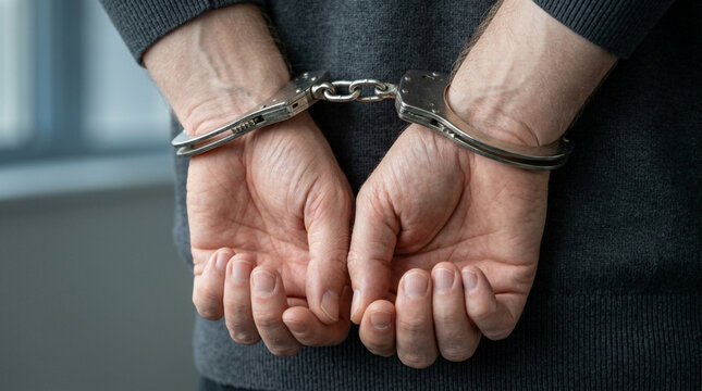 Man's Hands Restrained with Handcuffs Behind Back, Arrested Person Concept