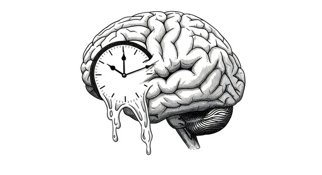 Conceptual illustration of a human brain integrated with a melting clock presented on a transparent background for creative psychology designs