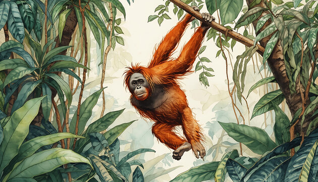 Watercolor-style illustration of an orangutan in the wild.