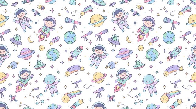 Seamless cute space pattern with astronauts, planets, rockets, stars, moons, rainbows and pastel doodles on white background for kids fabric, nursery wallpaper, wrapping paper and classroom decor set!