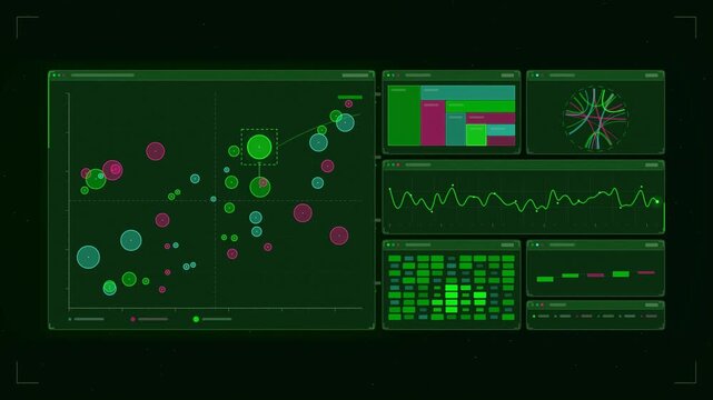 Abstract animated bubble chart sizes highlighting largest drawn as green and teal lines and shapes on a deep dark background. Seamless looping 4K motion graphics video with free space for text, ideal 