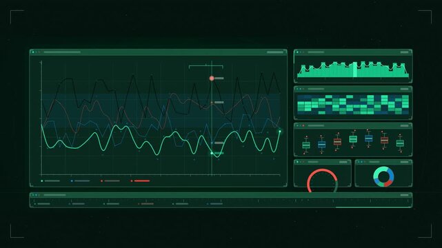 Abstract animated line graph series tracking cursor drawn as cyan and teal lines and shapes on a deep dark background. Seamless looping 4K motion graphics video with free space for text, ideal for das