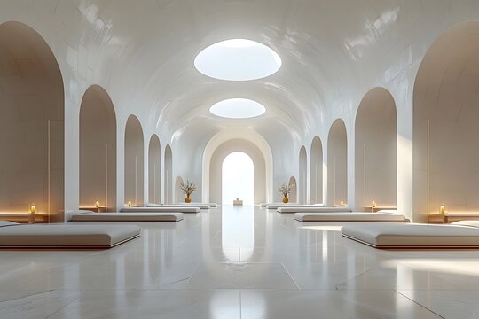 Serene minimalist hall with arched architecture natural light from skylights and empty mats for meditation and wellness