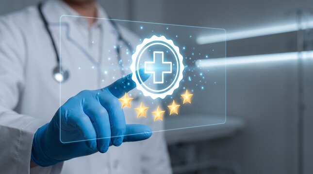 Professional doctor touching glowing medical cross icon with five star rating on modern digital screen display
