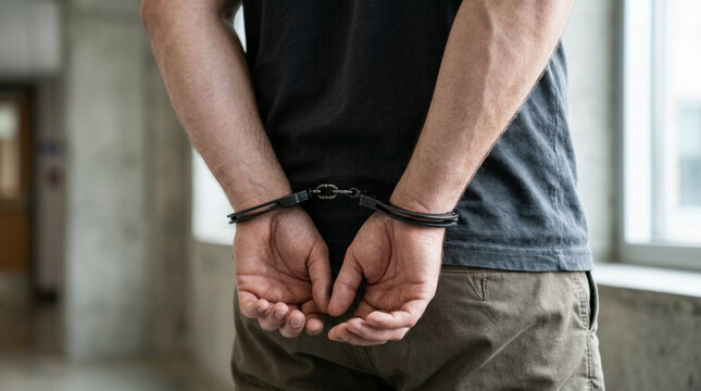 Man in Handcuffs, Arrested Suspect, Law Enforcement Capture, Crime Scene