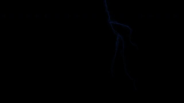 Realistic blue lightning bolt flashing and striking isolated on black background for cinematic overlay