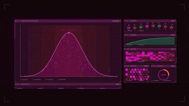 Abstract animated normal distribution curve forming samples drawn as violet and blue lines and shapes on a deep dark background. Seamless looping 4K motion graphics video with free space for text, ide