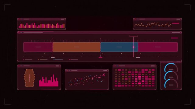 Abstract animated quartile analysis scale sliding marker drawn as coral and magenta lines and shapes on a deep dark background. Seamless looping 4K motion graphics video with free space for text, idea