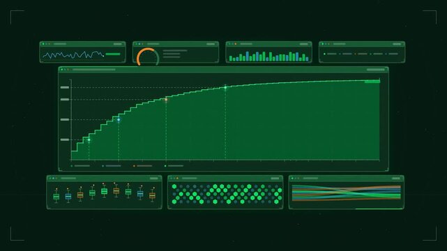 Abstract animated cumulative distribution steps projecting quantiles drawn as green and teal lines and shapes on a deep dark background. Seamless looping 4K motion graphics video with free space for t