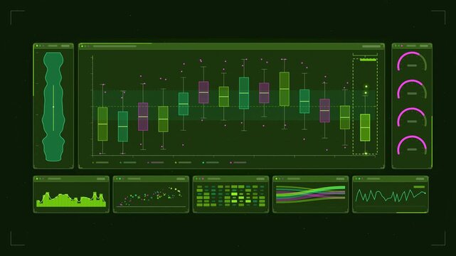 Abstract animated box plot whiskers revealing outliers drawn as green and teal lines and shapes on a deep dark background. Seamless looping 4K motion graphics video with free space for text, ideal for