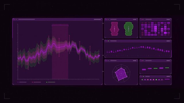 Abstract animated standard deviation bands diverging sigma drawn as violet and blue lines and shapes on a deep dark background. Seamless looping 4K motion graphics video with free space for text, idea