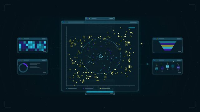 Abstract animated outlier detection threshold highlighting deviants drawn as blue and cyan lines and shapes on a deep dark background. Seamless looping 4K motion graphics video with free space for tex