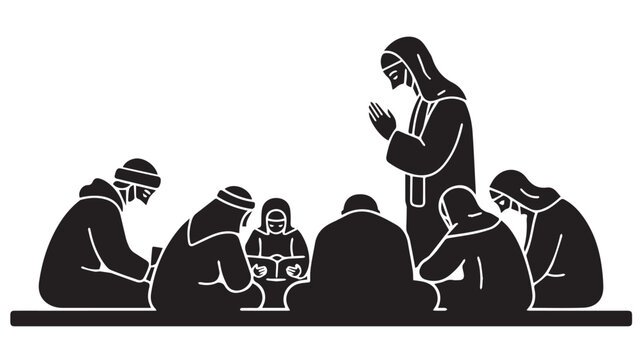 People gather together for prayer and spiritual meditation in black vector artwork.