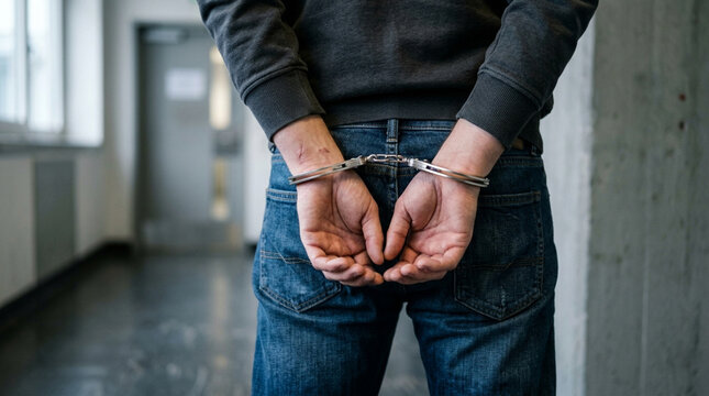 Man in Handcuffs, Arrested Suspect with Hands Behind Back, Justice System Concept