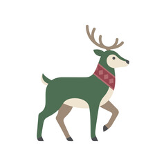 Obraz premium Christmas Day, Minimalist Christmas reindeer vector illustration, festive green deer with red scarf, winter holiday animal character isolated on White Background