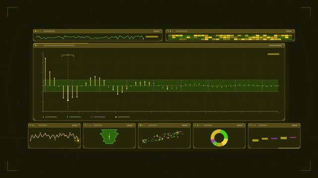 Abstract animated autocorrelation lags confidence bounds comb drawn as yellow and gold lines and shapes on a deep dark background. Seamless looping 4K motion graphics video with free space for text, i
