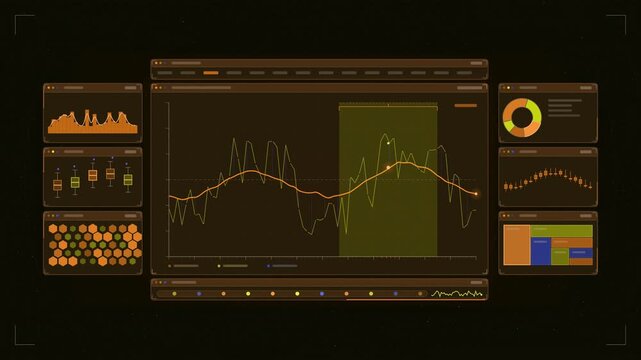 Abstract animated moving average smoothing widening window drawn as amber and orange lines and shapes on a deep dark background. Seamless looping 4K motion graphics video with free space for text, ide