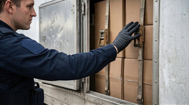 Customs officer inspecting cargo inside delivery truck. Man in uniform checking shipping boxes for contraband and illegal items. Border security and logistics control at warehouse terminal.