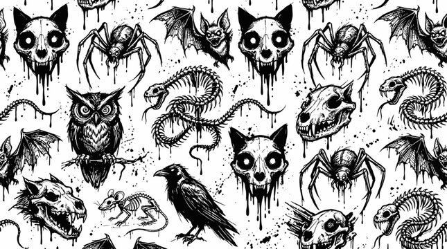 Spooky halloween seamless pattern with animal skulls and skeletons