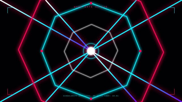 Cyberpunk Warp Gate Animation featuring Glowing Neon Octagonal Portals in Red Purple and Blue with Futuristic HUD Data Overlays and Central Singularity Light for Sci-Fi Visuals
