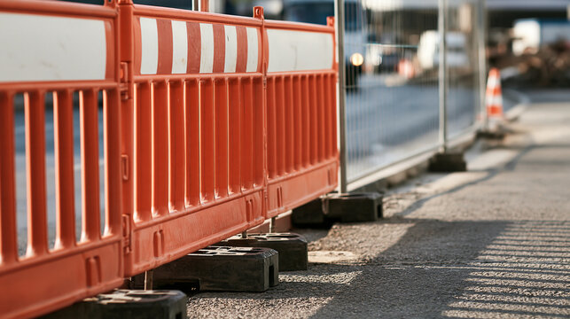 At the instant an unresolved condition is plainly visible, the temporary safety installation stands isolated at the inspection edge of a commercial construction work area, with