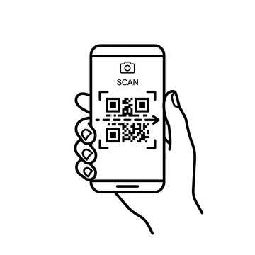 Hand Holding Smartphone Scanning QR Code Line Art Vector Icon