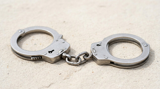 Metal Handcuffs on Sandy Background