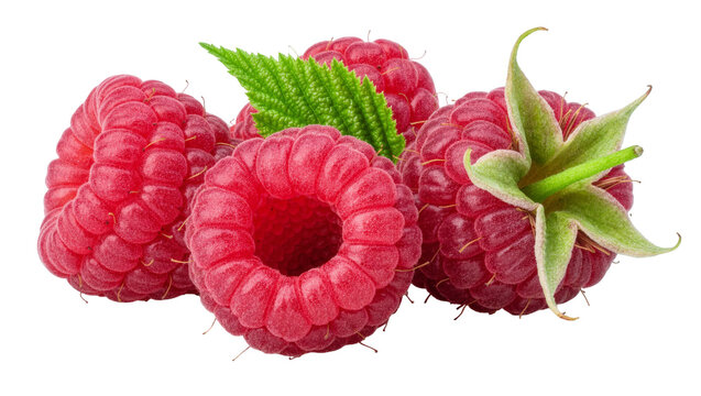 Fresh ripe raspberries with green leaves and calyx, isolated on transparent background