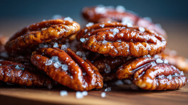 Roasted pecans coated with maple glaze and flaky sea salt showing luxurious caramel sheen in gourmet food styling