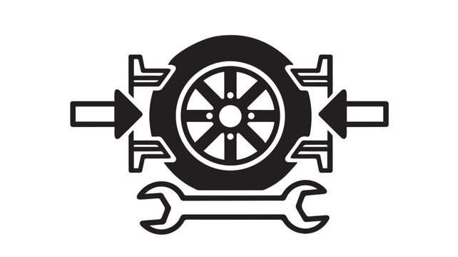 Car wheel alignment and tire service concept shown as a black vector icon with tools.