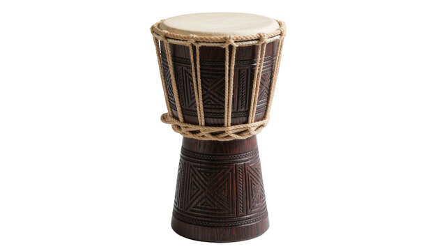Dark wood djembe drum with carved patterns and rope detailing, isolated on transparent background