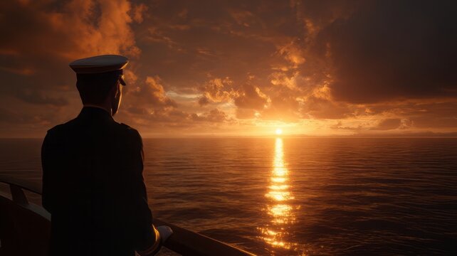 Cinematic naval officer silhouette at sunset. Sea captain looking at golden ocean horizon. Marine commander on ship deck at dusk.
