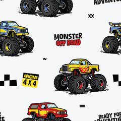 Cartoon Monster Truck Off-Road Pattern Background  © atap