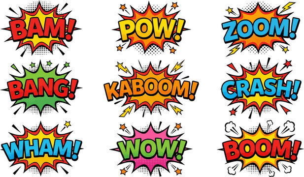 Comic, pop art explosion speech bubbles with bold BAM POW ZOOM BANG KABOOM CRASH WHAM WOW BOOM lettering, vector illustration