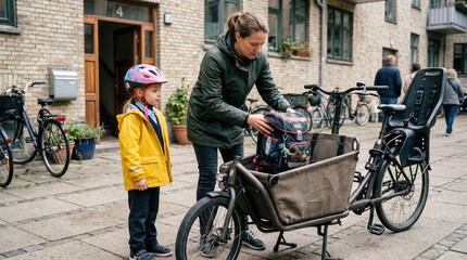 Obraz premium School commute preparation with parent loading backpack onto bicycle while child waits nearby, illustrating busy routine and organized family mobility.