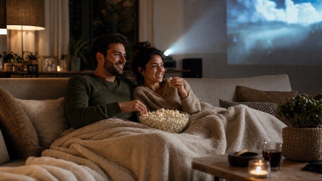 Home entertainment scene featuring shared popcorn bowl, relaxed people and comfortable living room atmosphere during casual movie watching evening.