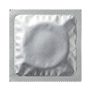 Silver condom foil packet with sealed textured edges and blank center for contraception and protection isolated on a transparent background