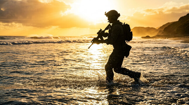 Soldier Silhouette Running Through Ocean Waves at Sunset